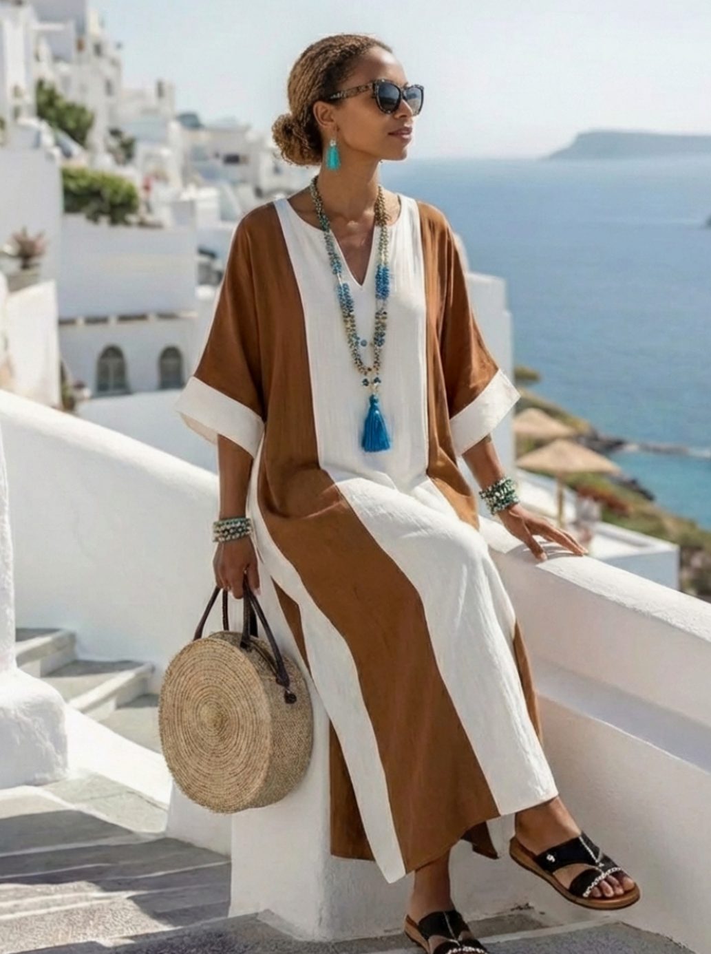 Women's Relaxed-Fit Colour Block Maxi Beach Dress V-Neck