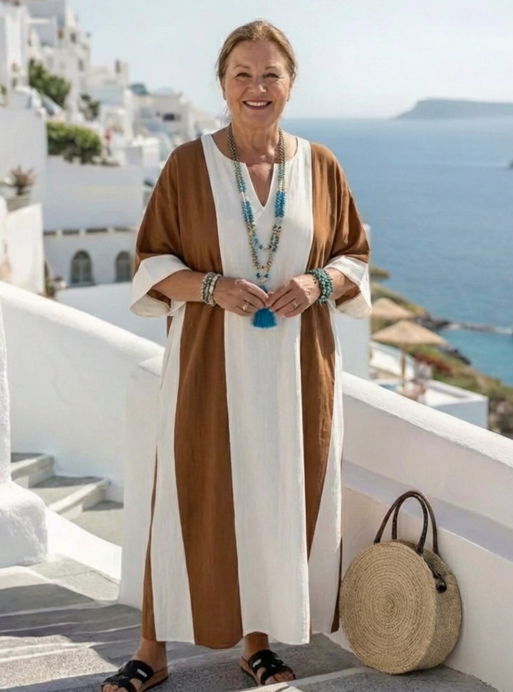 Women's Relaxed-Fit Colour Block Maxi Beach Dress V-Neck