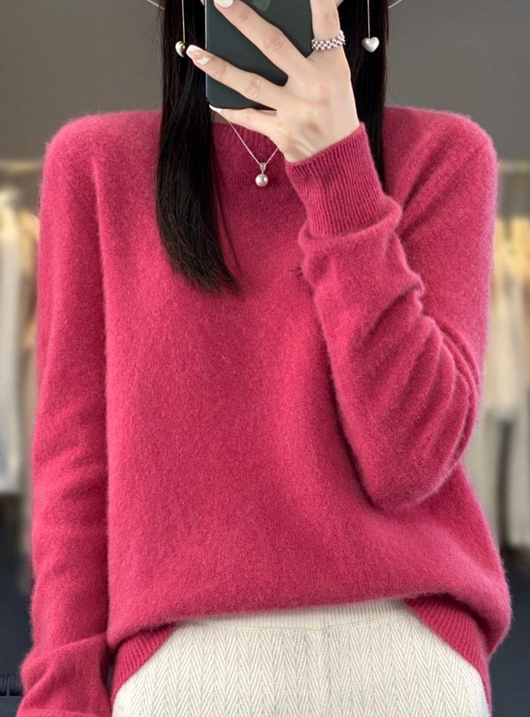 Women's Relaxed-Fit Crew-Neck Knit Lightweight Sweater - Pink