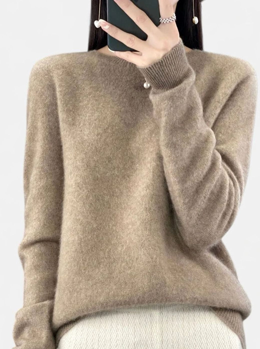 Women's Relaxed-Fit Crew-Neck Knit Lightweight Sweater - Camel