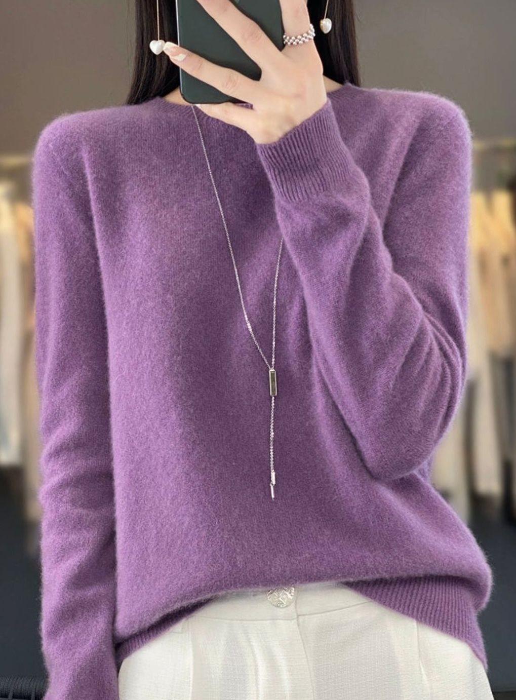 Women's Relaxed-Fit Crew-Neck Knit Lightweight Sweater - Violet