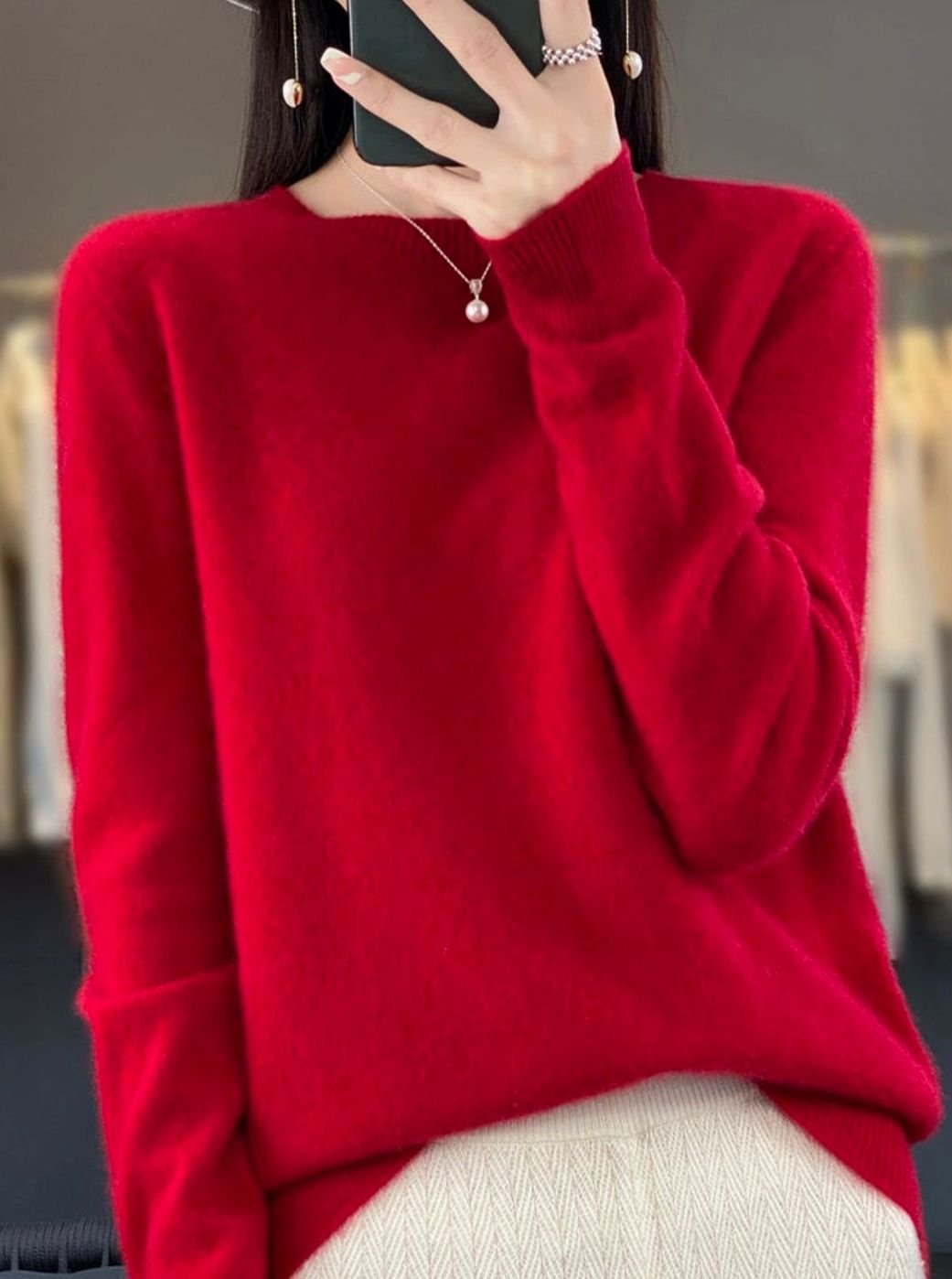 Women's Relaxed-Fit Crew-Neck Knit Lightweight Sweater - Red