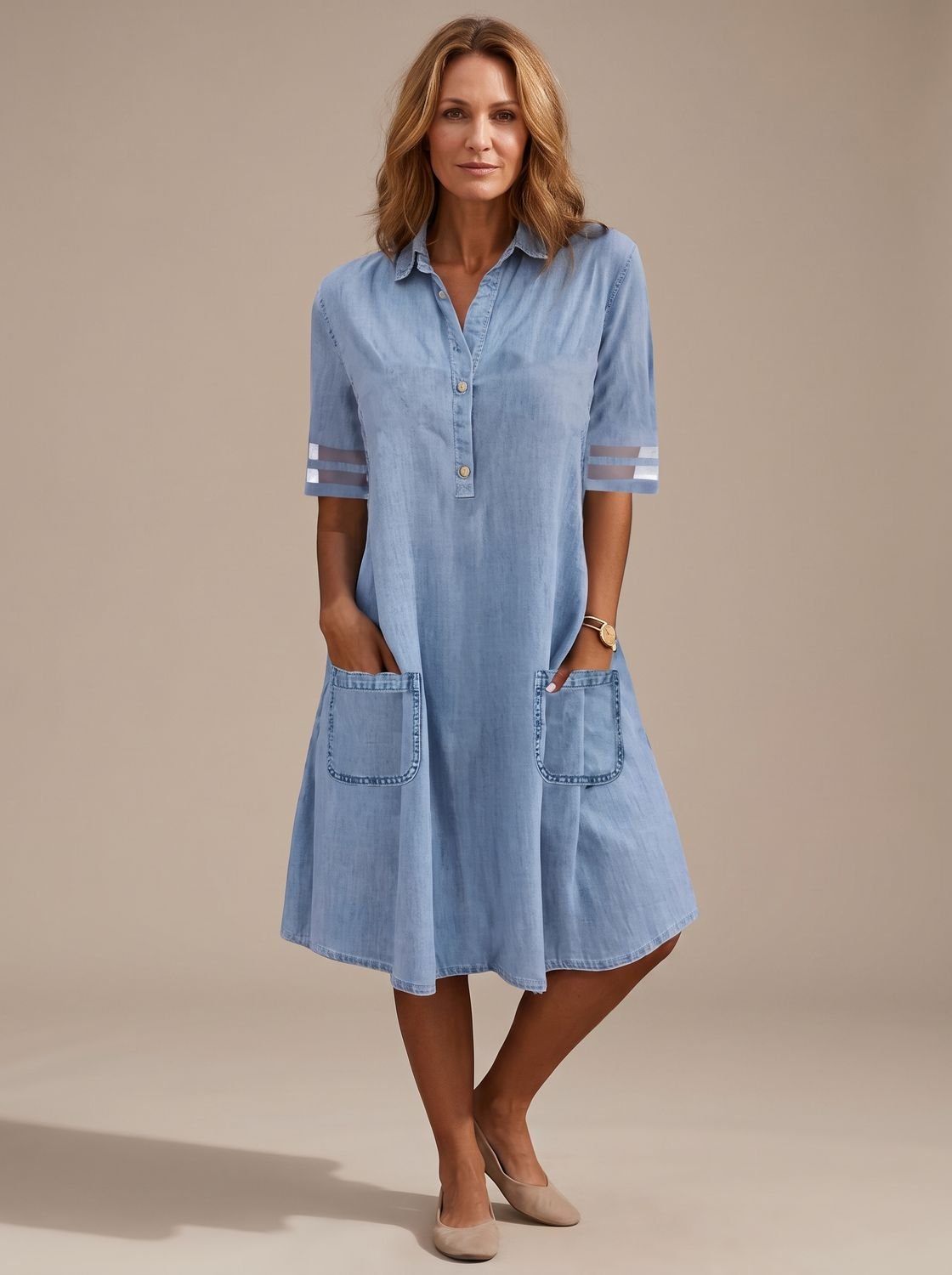 Women's Relaxed-Fit Denim Shirt Dress Patch Pockets Half Button - Blue