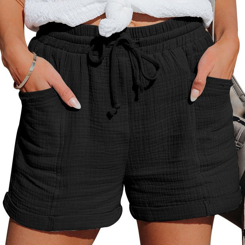 Women's Relaxed-Fit Drawstring Linen Shorts - Black