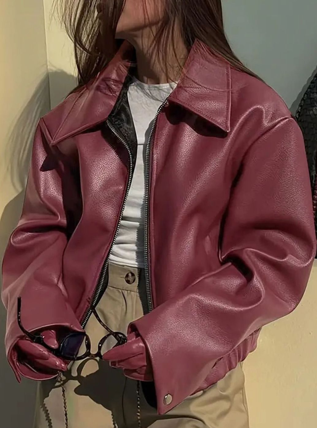 Women's Relaxed-Fit Faux Leather Zip-Up Light Jacket Drop Shoulder