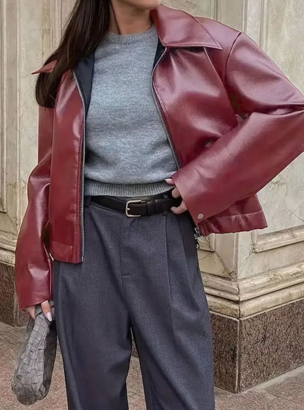 Women's Relaxed-Fit Faux Leather Zip-Up Light Jacket Drop Shoulder