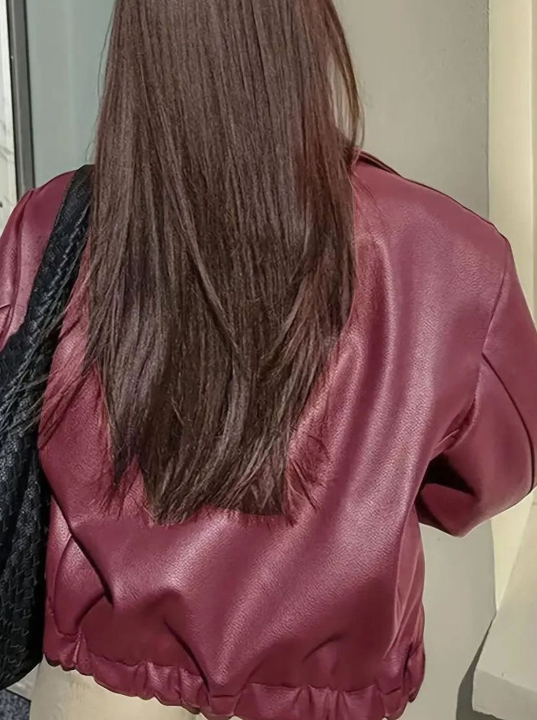 Women's Relaxed-Fit Faux Leather Zip-Up Light Jacket Drop Shoulder