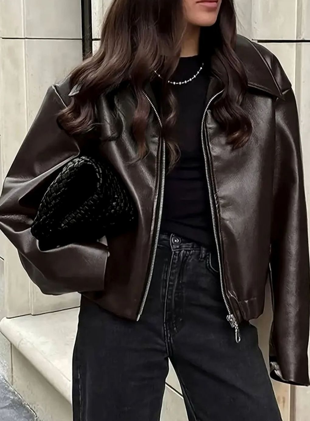 Women's Relaxed-Fit Faux Leather Zip-Up Light Jacket Drop Shoulder - Dark Brown