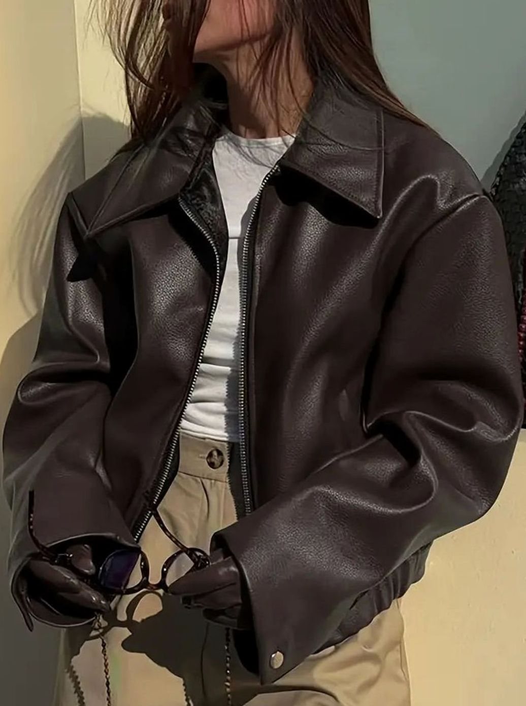 Women's Relaxed-Fit Faux Leather Zip-Up Light Jacket Drop Shoulder