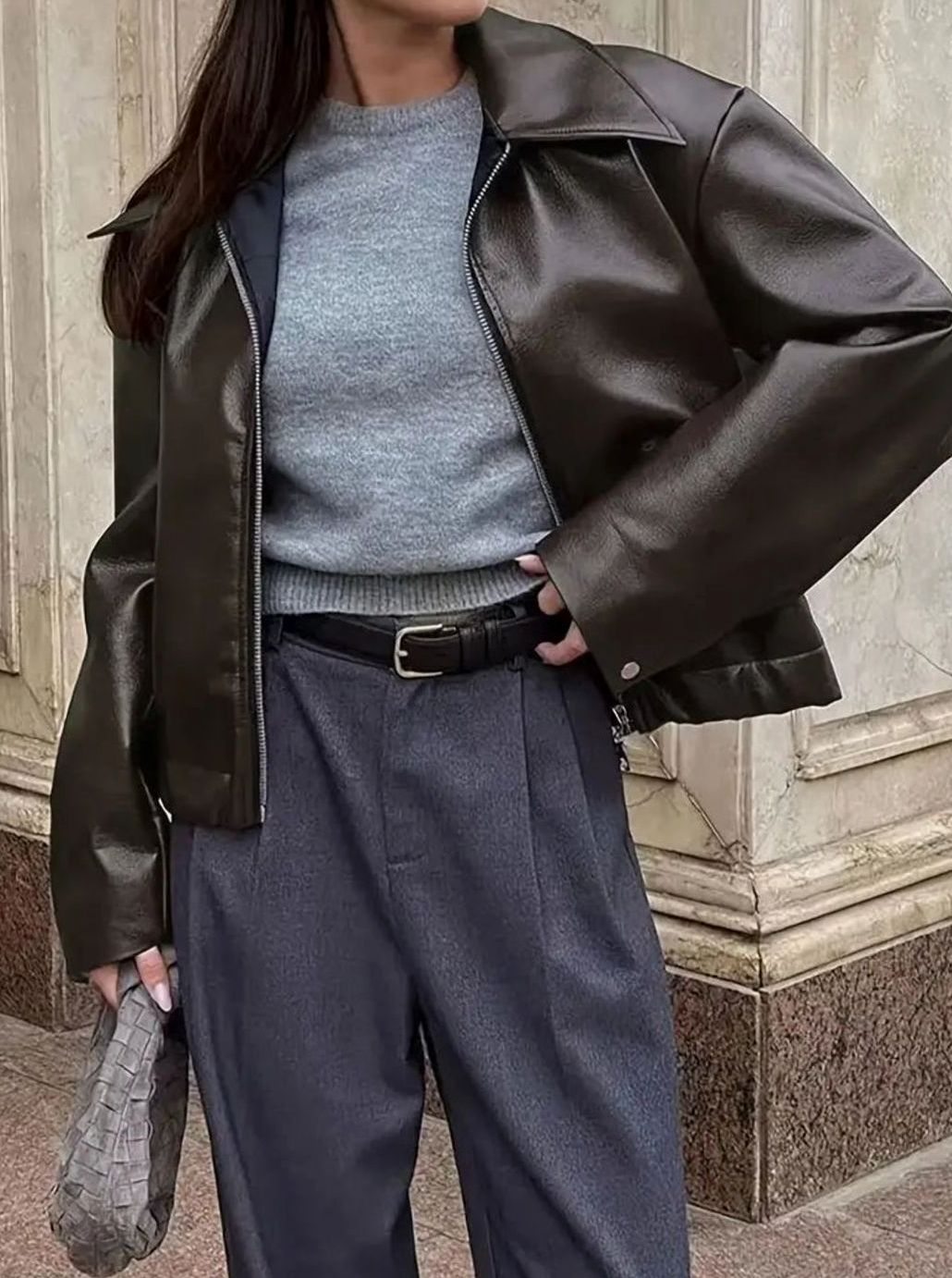 Women's Relaxed-Fit Faux Leather Zip-Up Light Jacket Drop Shoulder