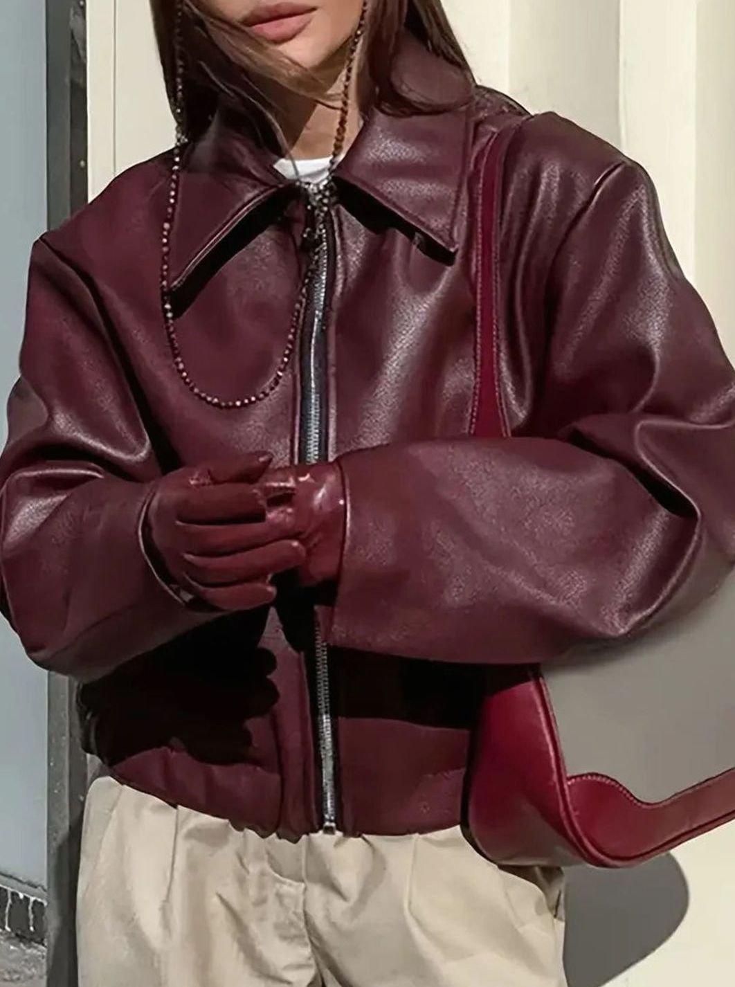 Women's Relaxed-Fit Faux Leather Zip-Up Light Jacket Drop Shoulder