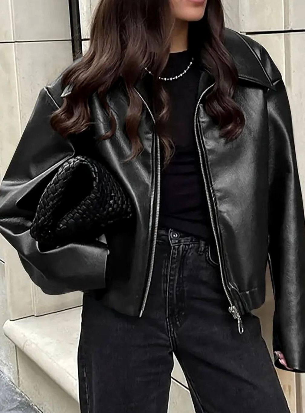 Women's Relaxed-Fit Faux Leather Zip-Up Light Jacket Drop Shoulder - Black