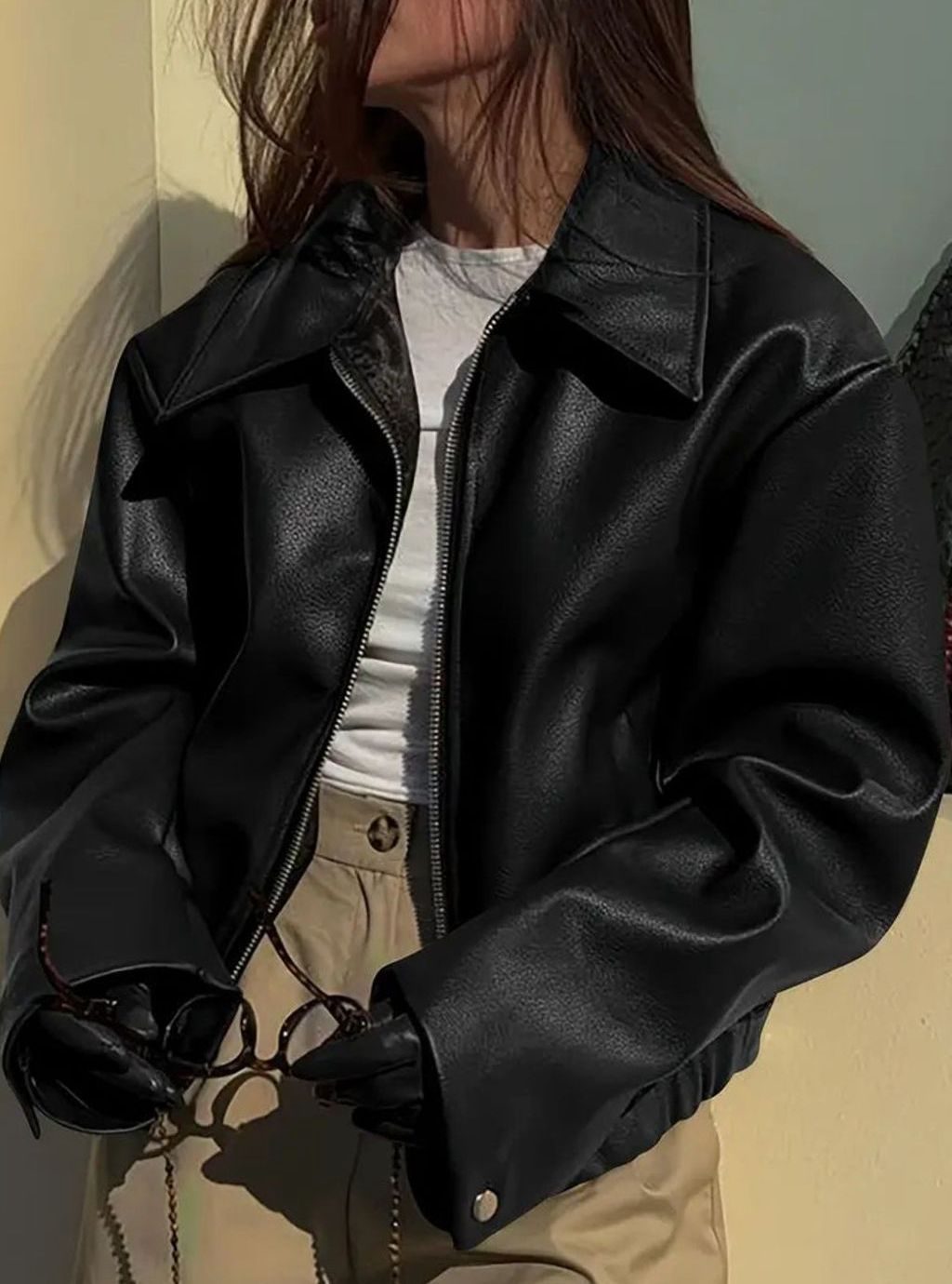 Women's Relaxed-Fit Faux Leather Zip-Up Light Jacket Drop Shoulder