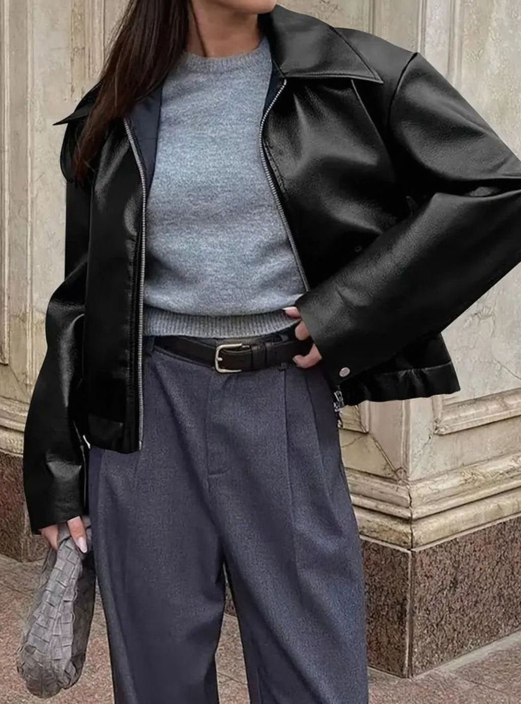 Women's Relaxed-Fit Faux Leather Zip-Up Light Jacket Drop Shoulder