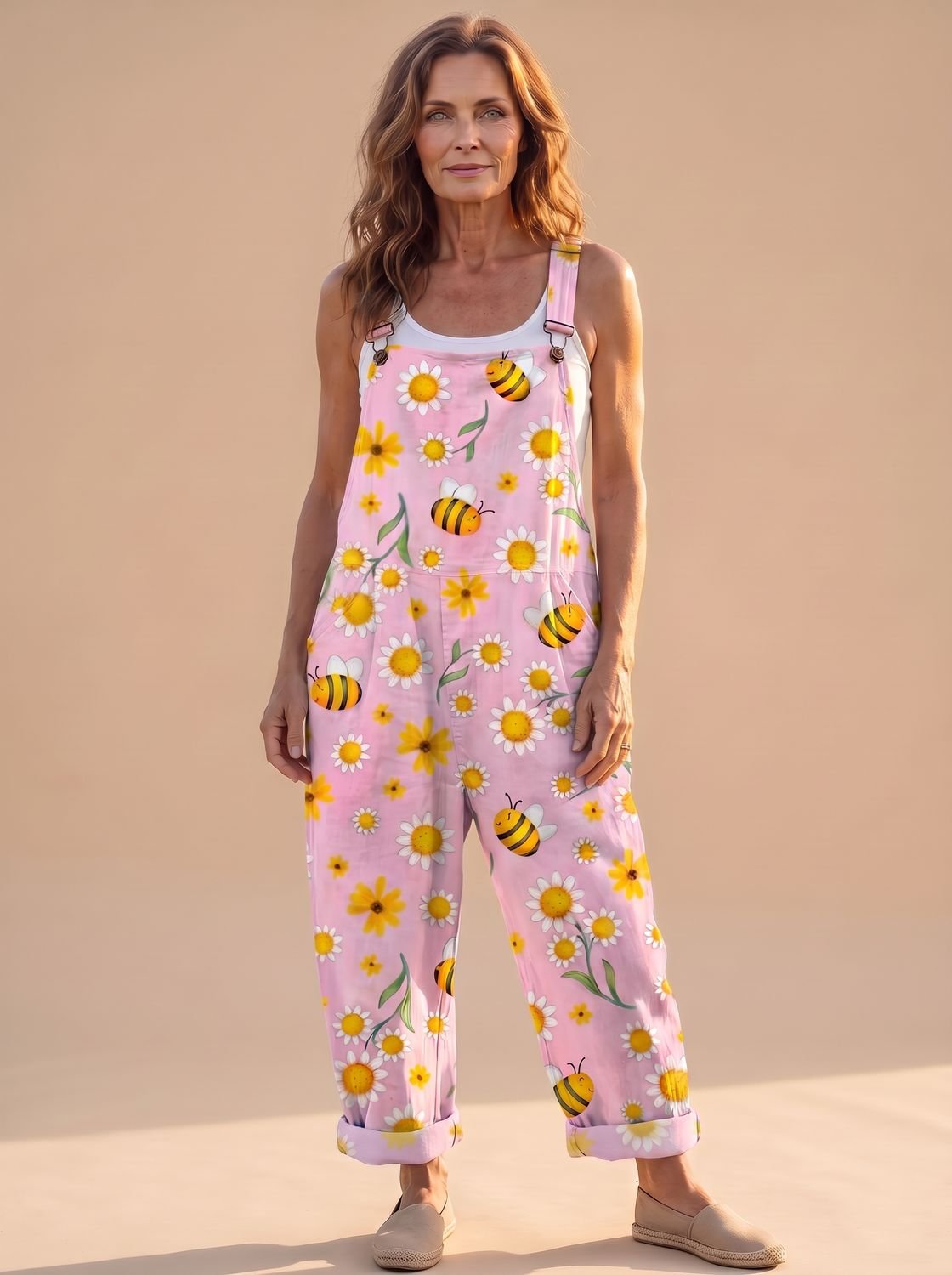 Women's Relaxed-Fit Floral Bee-Print Wide-Leg Overalls Jumpsuit