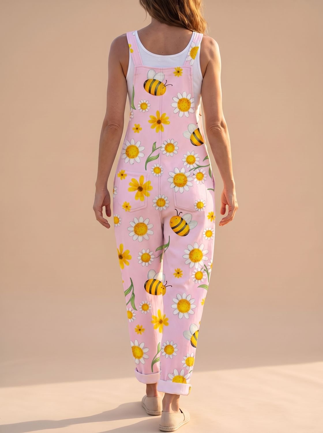 Women's Relaxed-Fit Floral Bee-Print Wide-Leg Overalls Jumpsuit