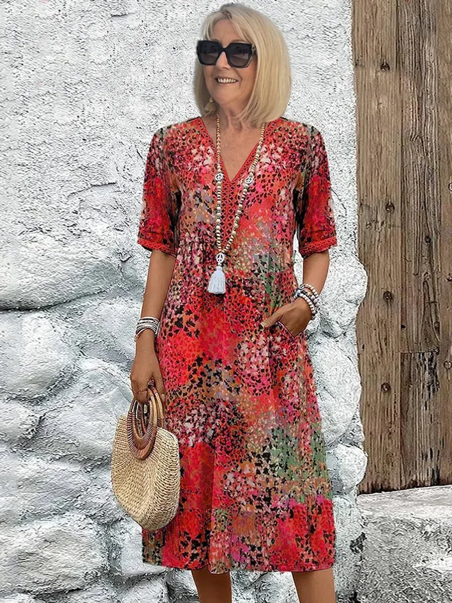 Women's Relaxed-Fit Floral Print V-Neck Midi Dress Pockets - Red