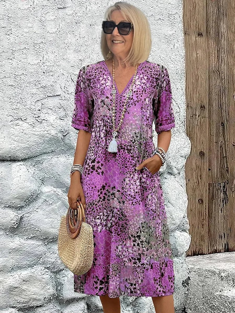 Women's Relaxed-Fit Floral Print V-Neck Midi Dress Pockets - Purple