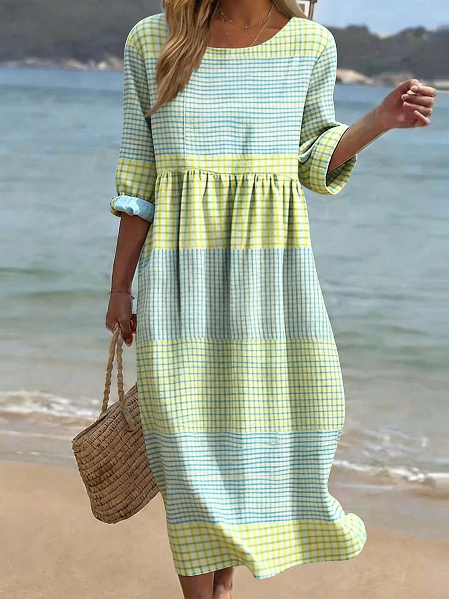 Women's Relaxed-Fit Half-Sleeve Printed Summer Dress Jumpsuit - Checked