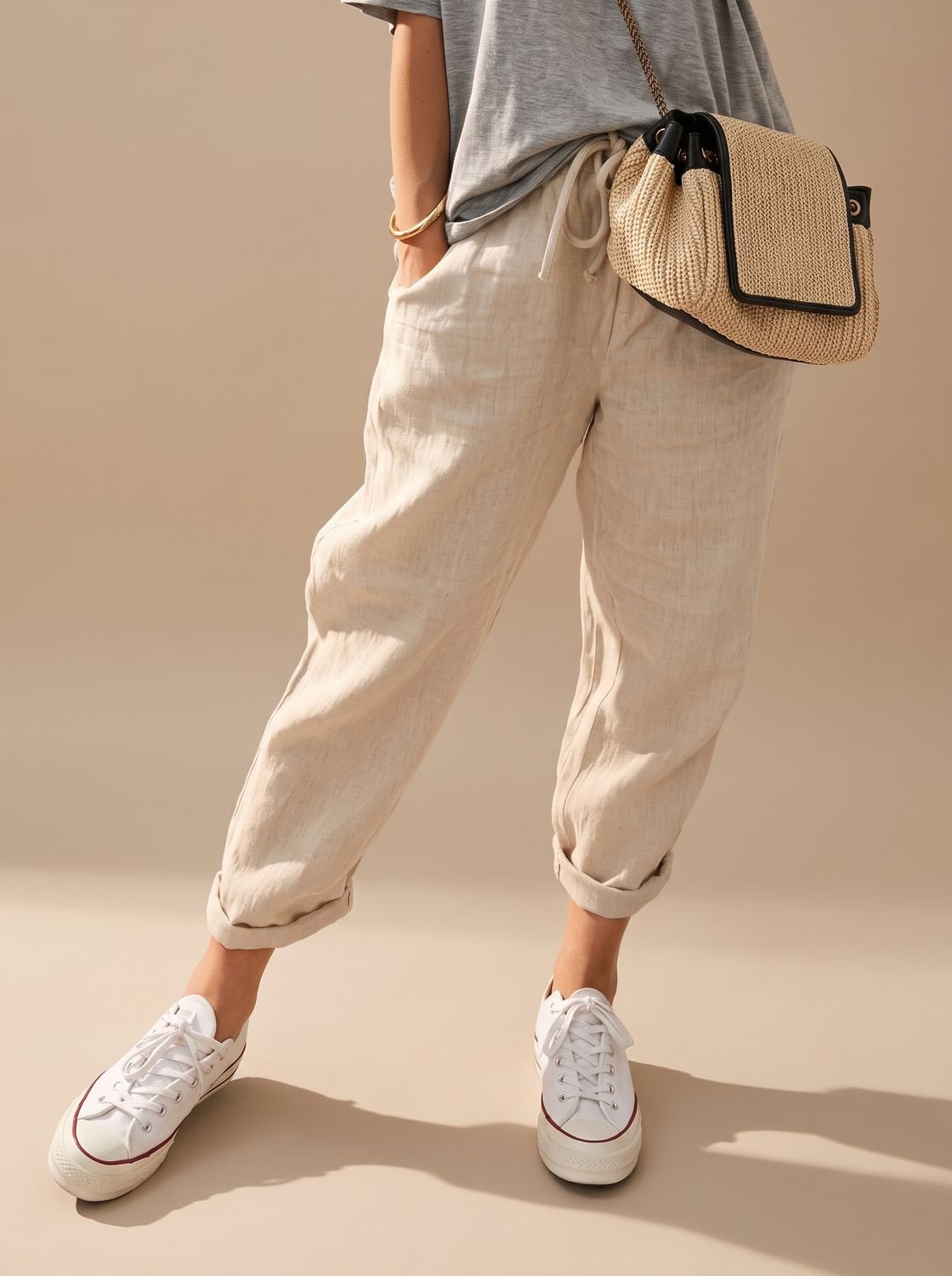 Women's Relaxed-Fit Linen Drawstring Casual Pants - Beige