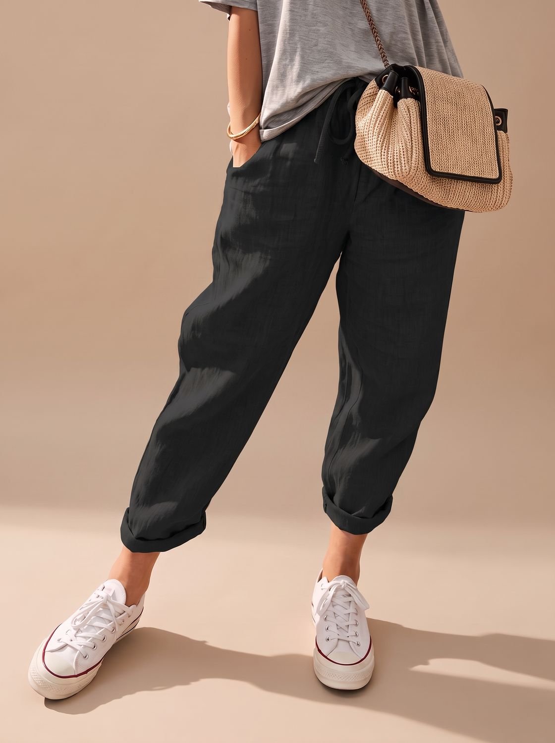 Women's Relaxed-Fit Linen Drawstring Casual Pants - Black