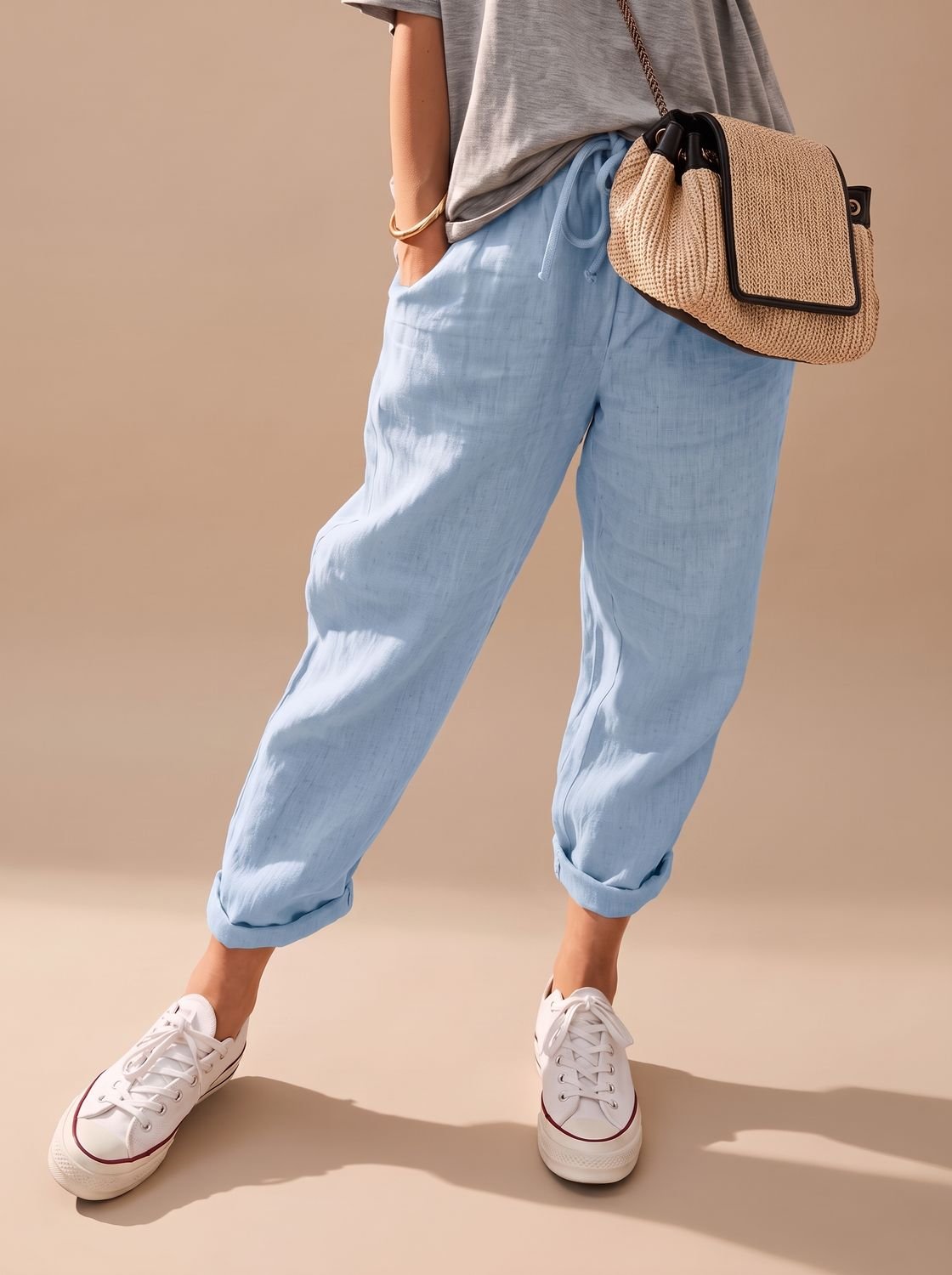 Women's Relaxed-Fit Linen Drawstring Casual Pants - Blue
