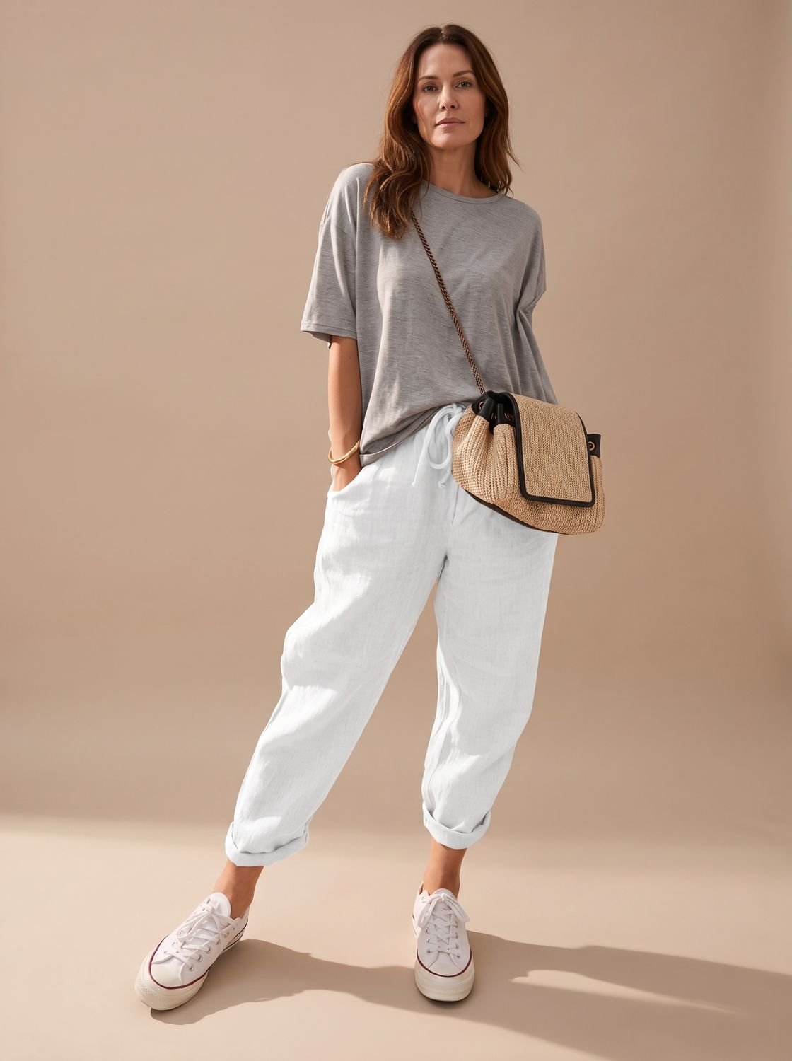 Women's Relaxed-Fit Linen Drawstring Casual Pants - White