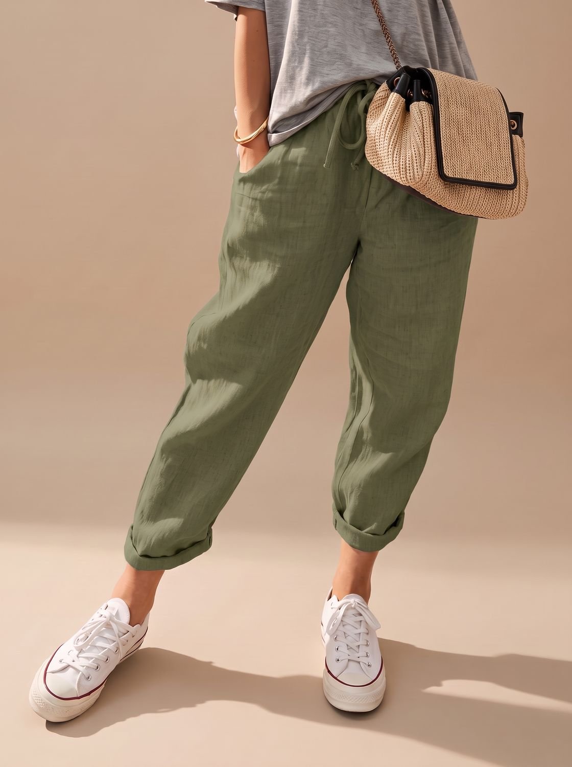 Women's Relaxed-Fit Linen Drawstring Casual Pants - Green