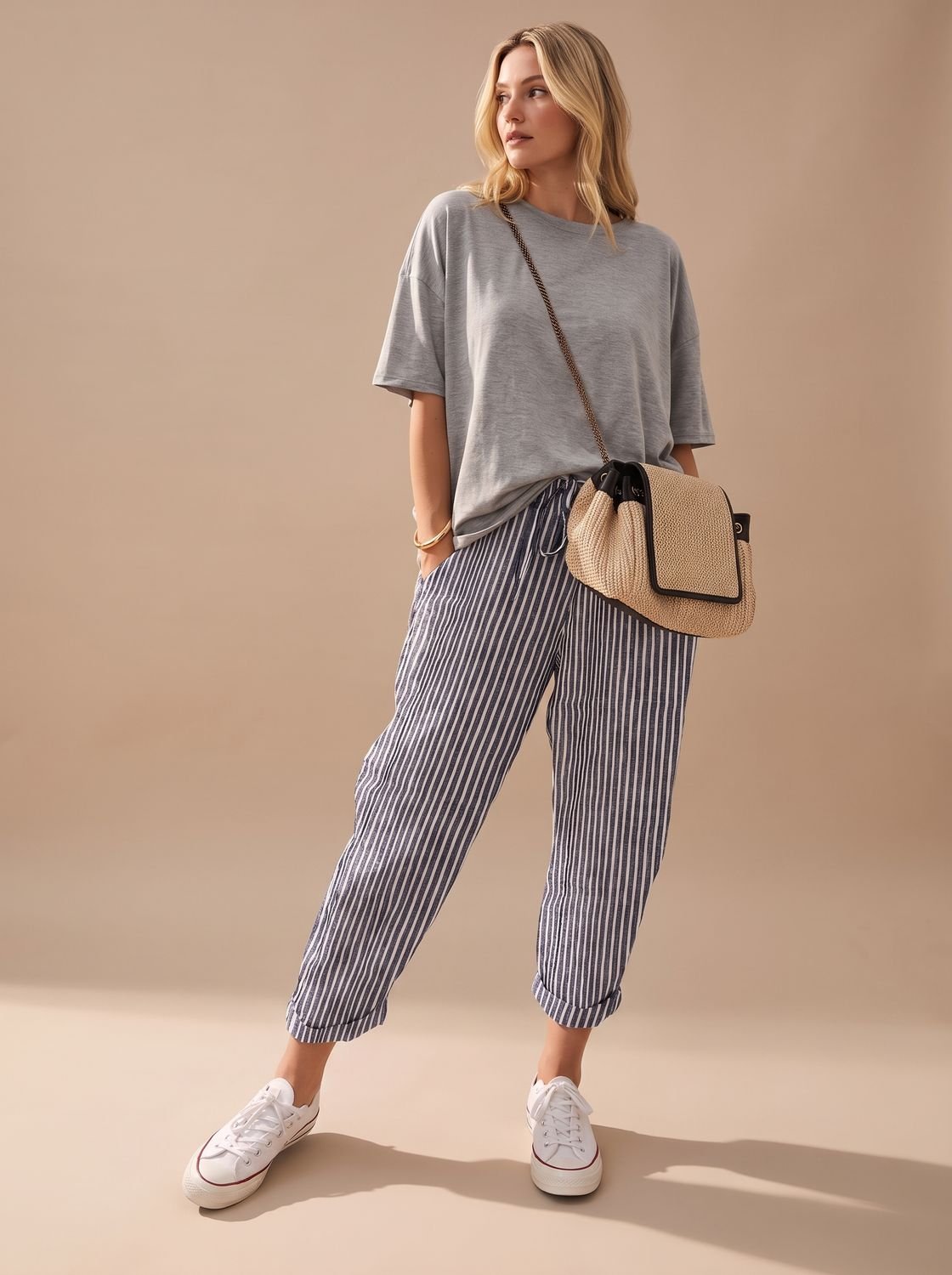 Women's Relaxed-Fit Linen Drawstring Casual Pants - Grey