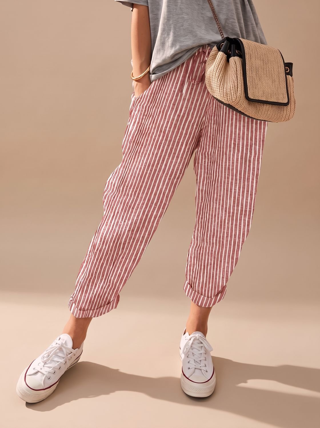 Women's Relaxed-Fit Linen Drawstring Casual Pants - Red
