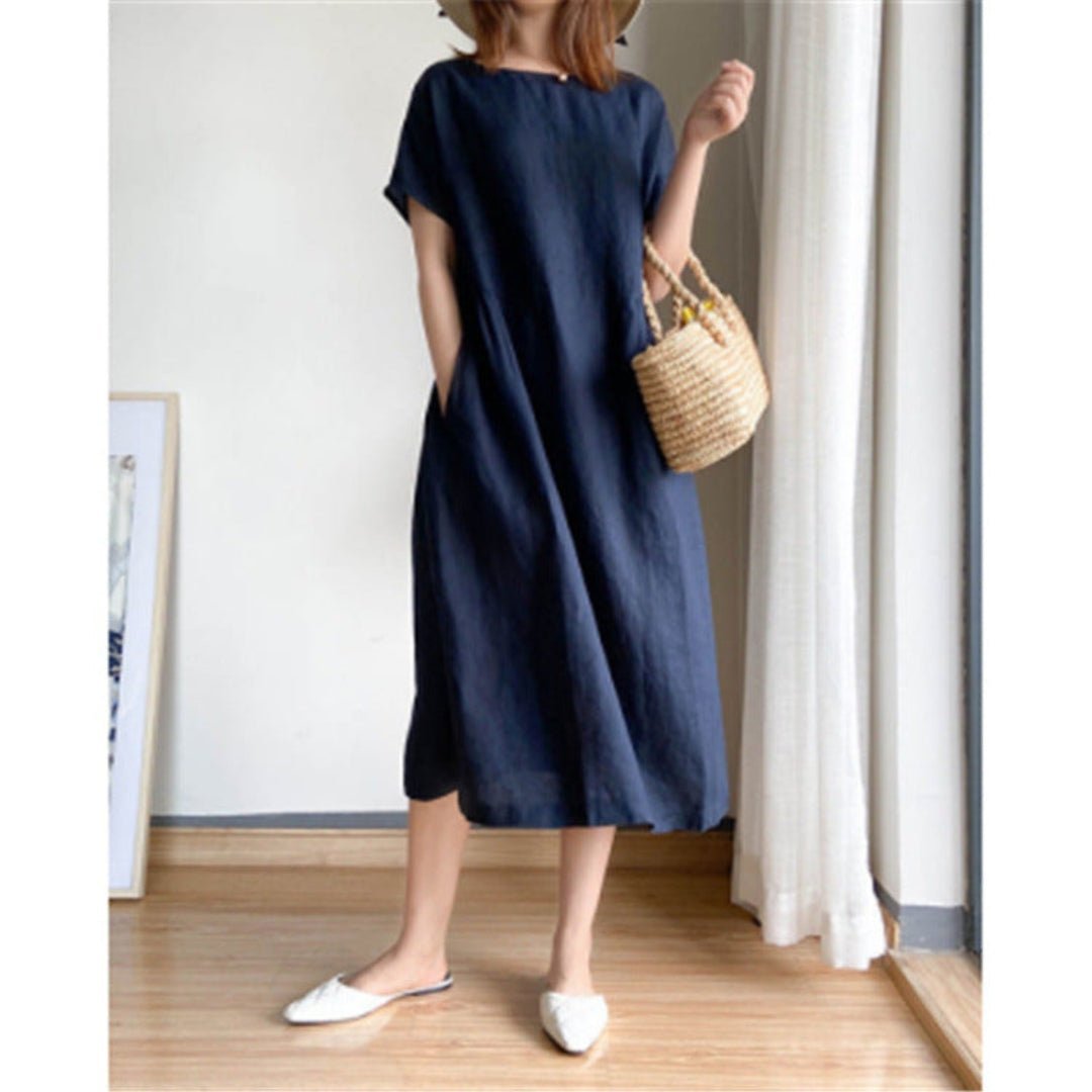 Women's Relaxed-Fit Linen Short-Sleeve Midi Dress - Dark Blue