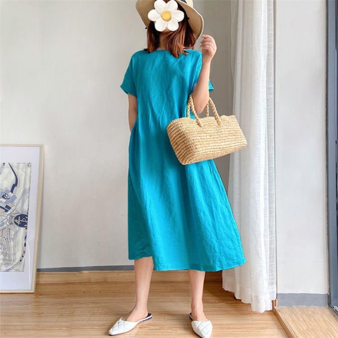 Women's Relaxed-Fit Linen Short-Sleeve Midi Dress - Turquoise