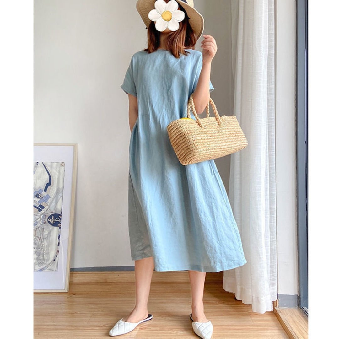 Women's Relaxed-Fit Linen Short-Sleeve Midi Dress - Light Blue