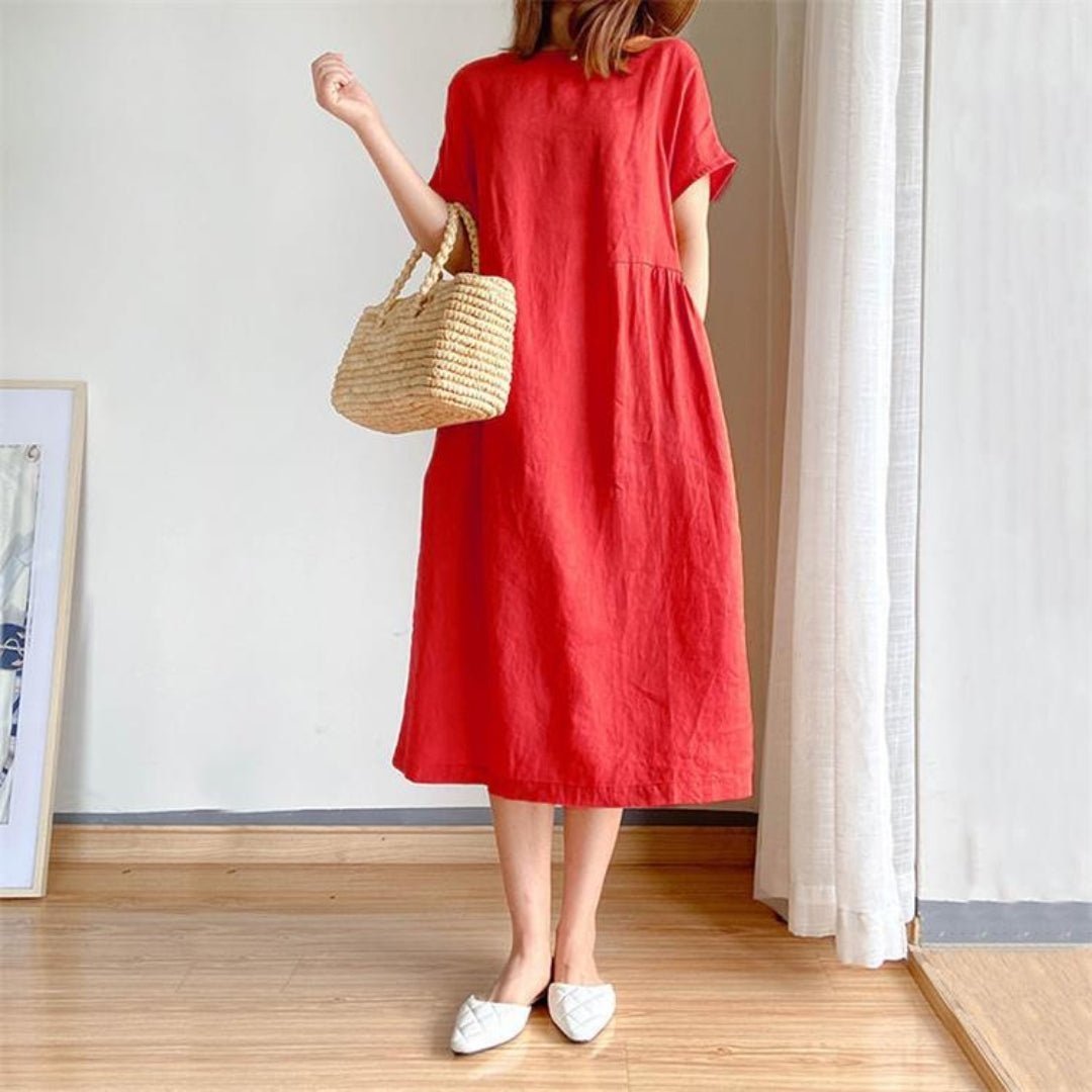 Women's Relaxed-Fit Linen Short-Sleeve Midi Dress - Red