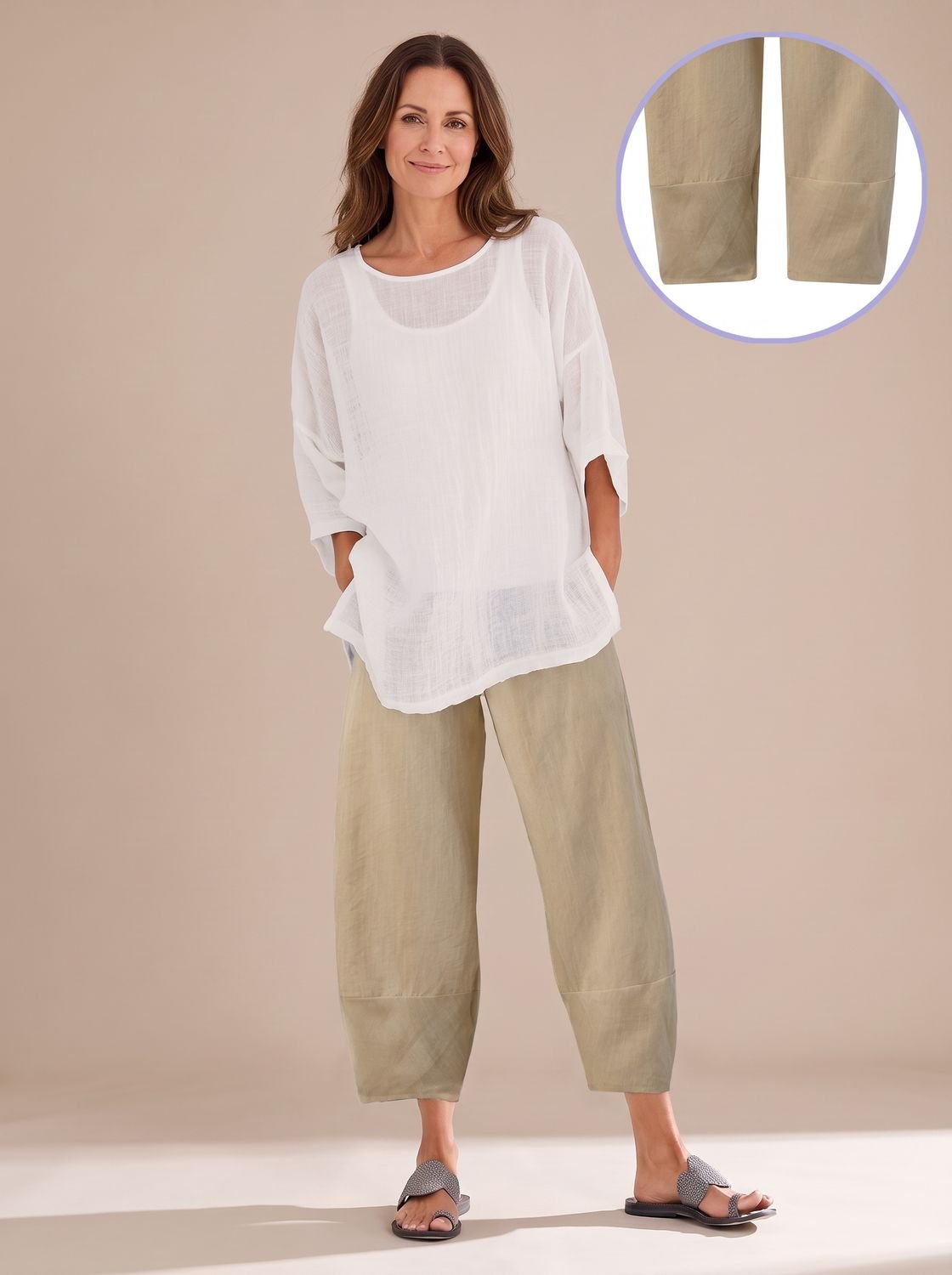 Women's Relaxed-Fit Linen Trousers Ankle-Length Casual Pants - Beige