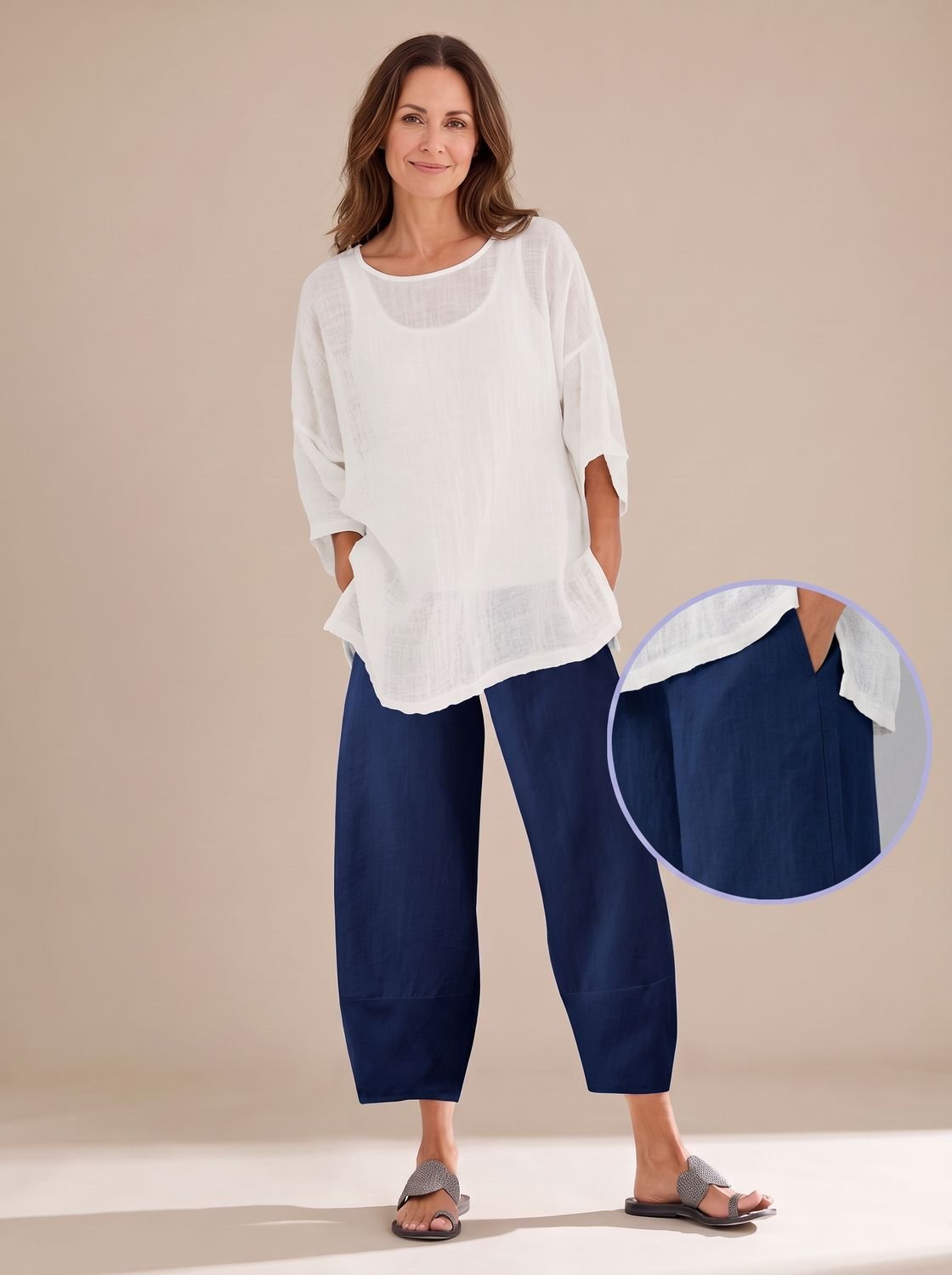 Women's Relaxed-Fit Linen Trousers Ankle-Length Casual Pants - Blue