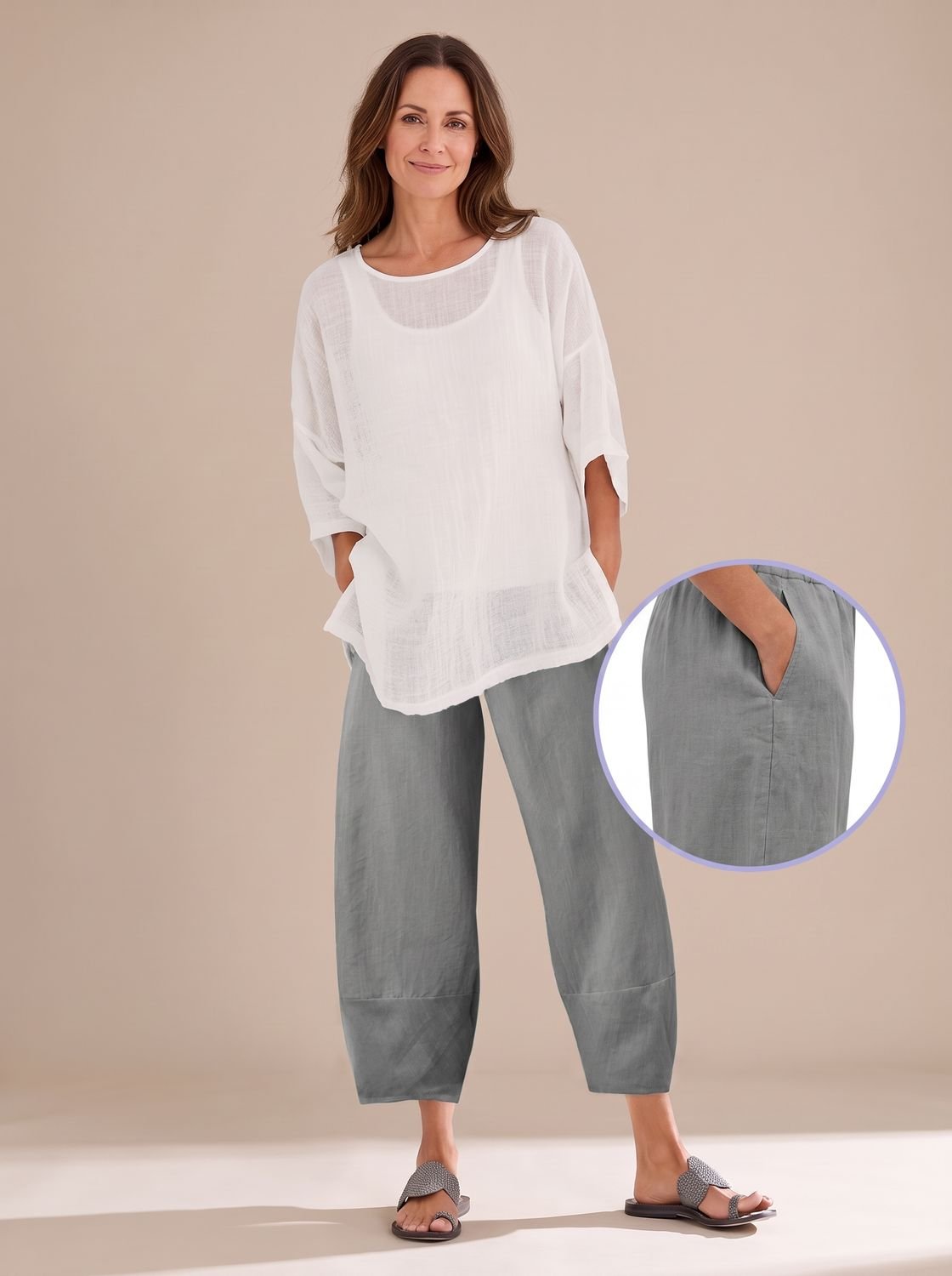 Women's Relaxed-Fit Linen Trousers Ankle-Length Casual Pants - Grey