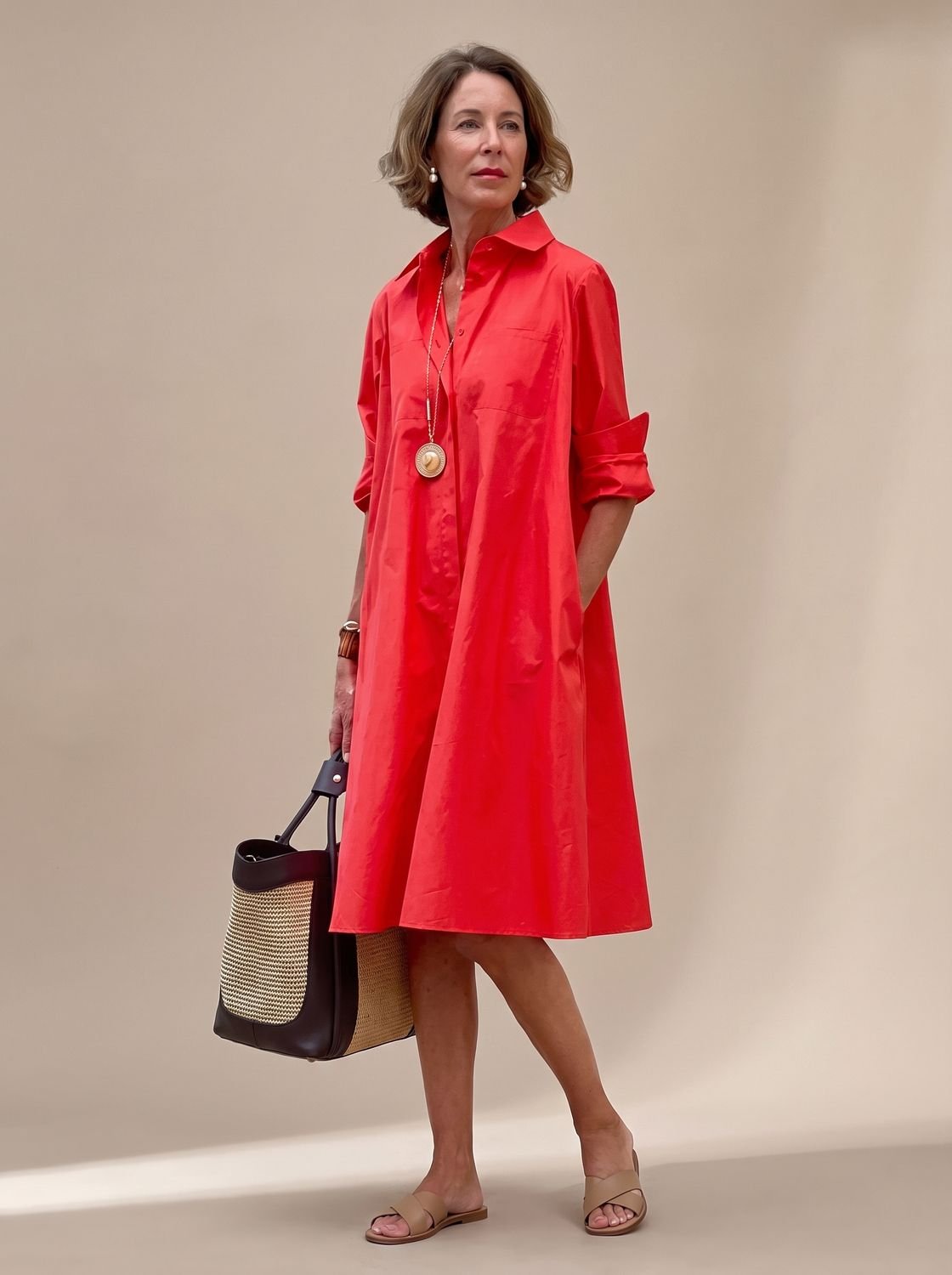 Women's Relaxed-Fit Long-Sleeve Collared Shirt Midi Dress Pockets