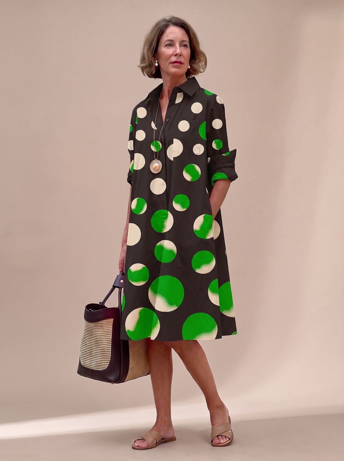 Women's Relaxed-Fit Long-Sleeve Collared Shirt Midi Dress Pockets