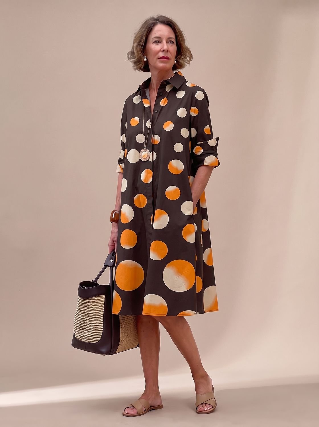 Women's Relaxed-Fit Long-Sleeve Collared Shirt Midi Dress Pockets