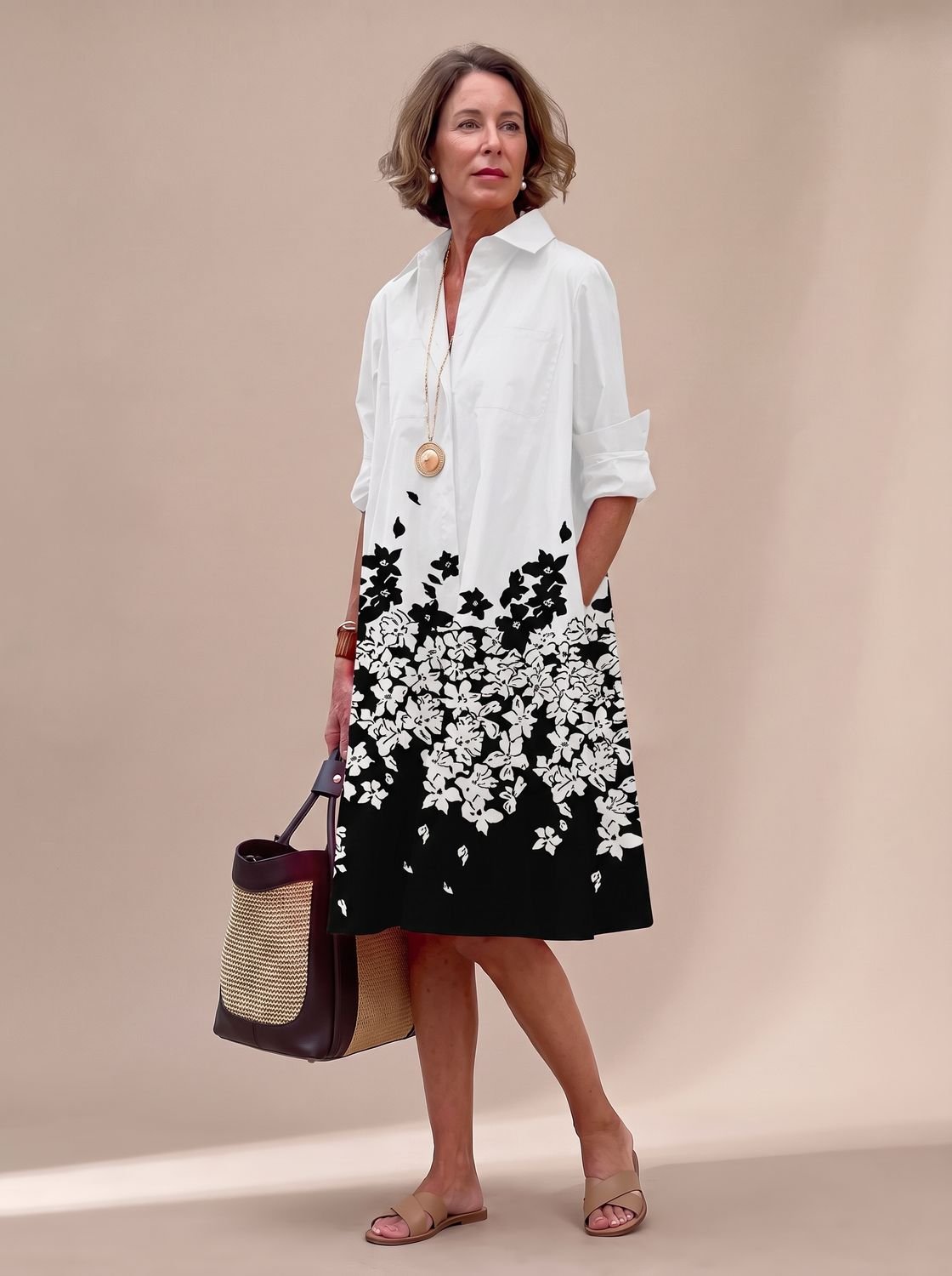Women's Relaxed-Fit Long-Sleeve Collared Shirt Midi Dress Pockets