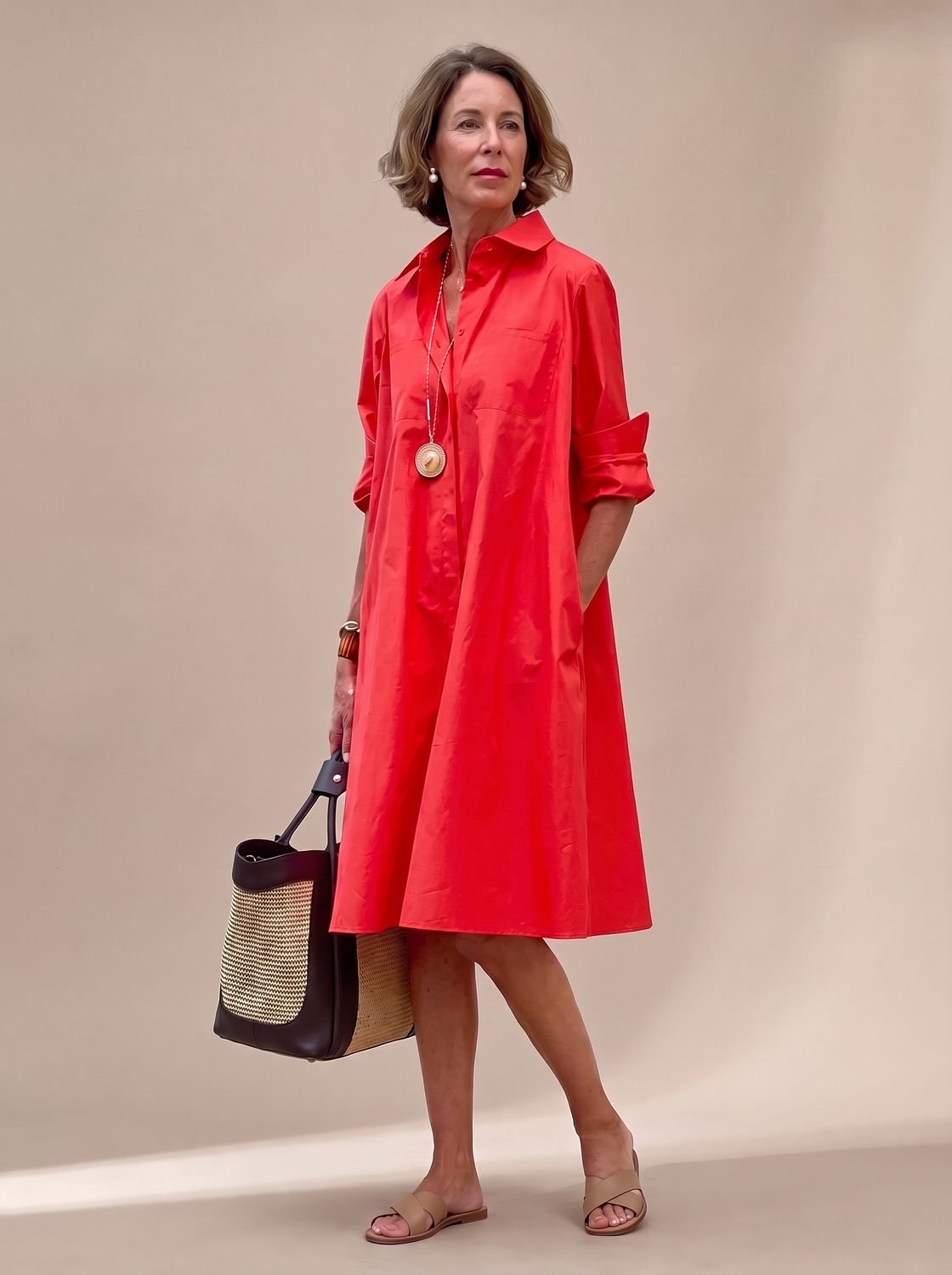 Women's Relaxed-Fit Long-Sleeve Collared Shirt Midi Dress Pockets - Red