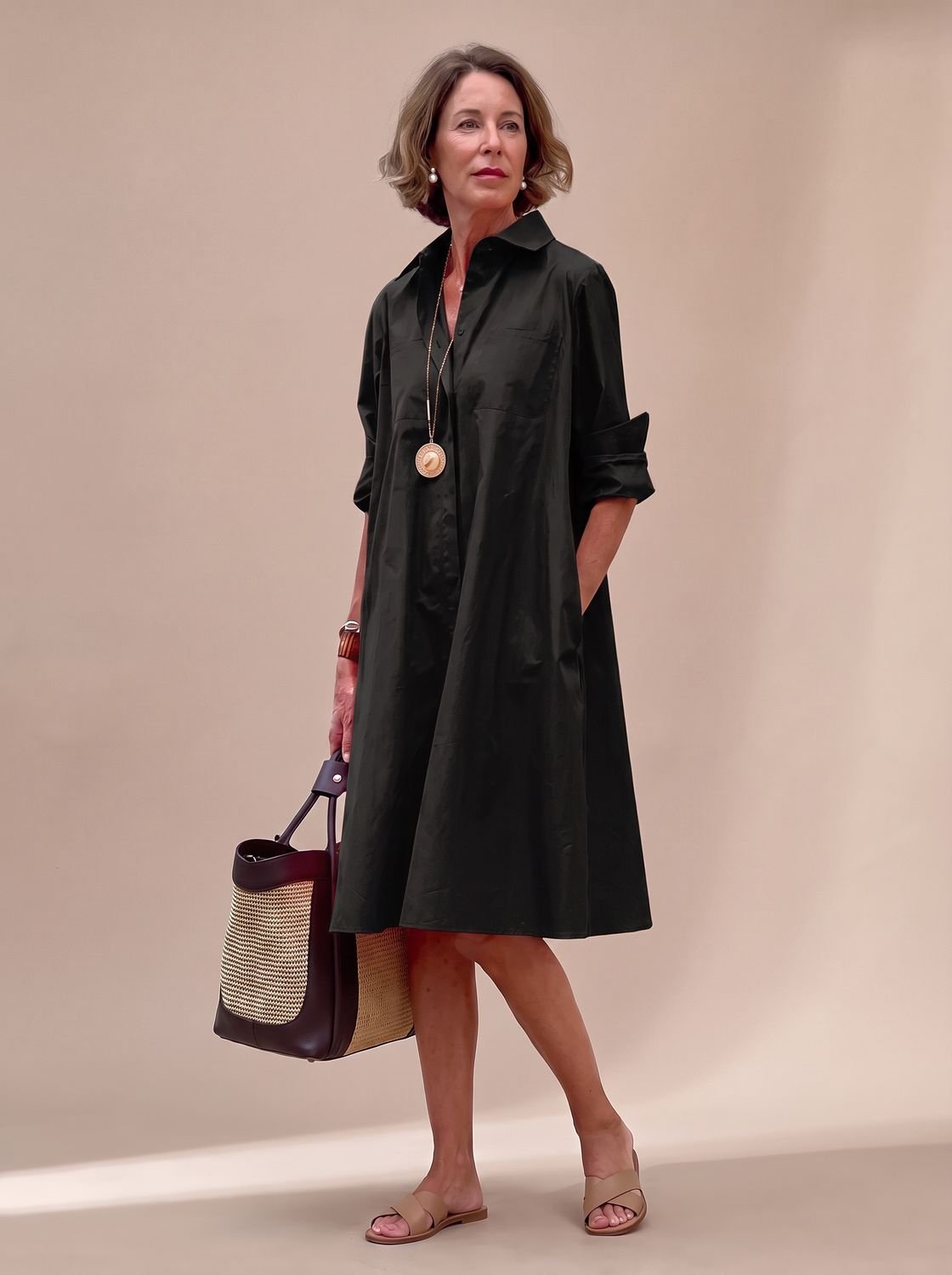 Women's Relaxed-Fit Long-Sleeve Collared Shirt Midi Dress Pockets - Black