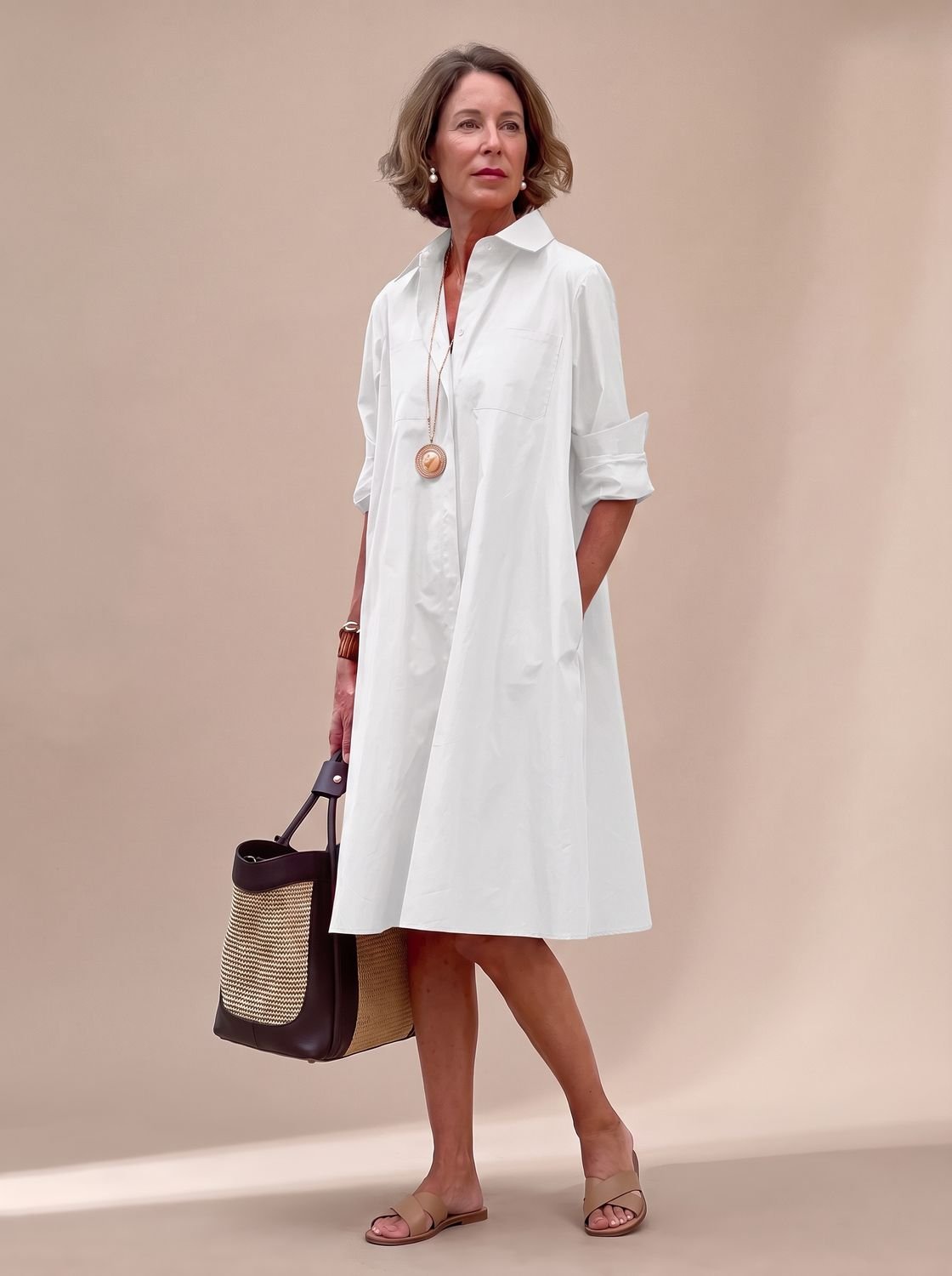 Women's Relaxed-Fit Long-Sleeve Collared Shirt Midi Dress Pockets - White