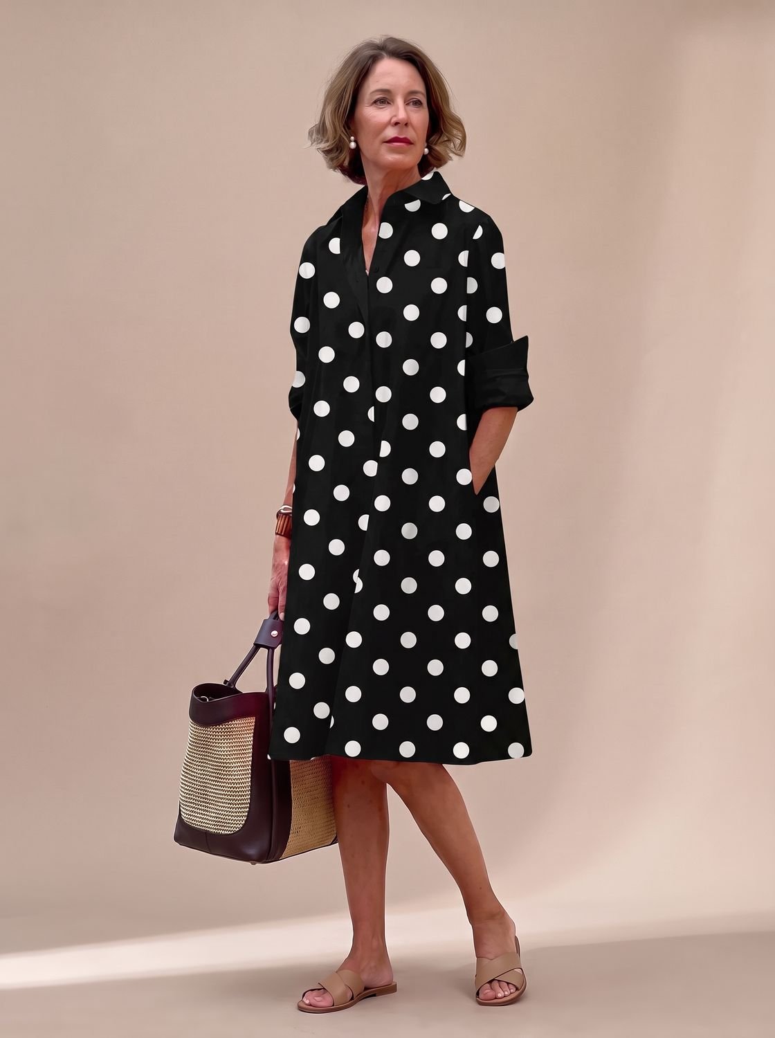 Women's Relaxed-Fit Long-Sleeve Collared Shirt Midi Dress Pockets - Black/White