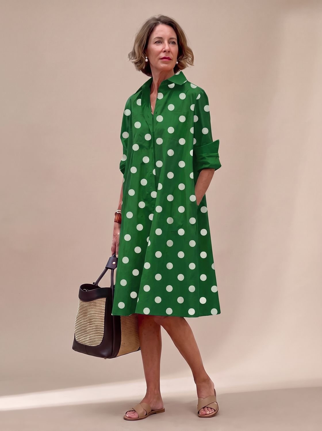 Women's Relaxed-Fit Long-Sleeve Collared Shirt Midi Dress Pockets - Green