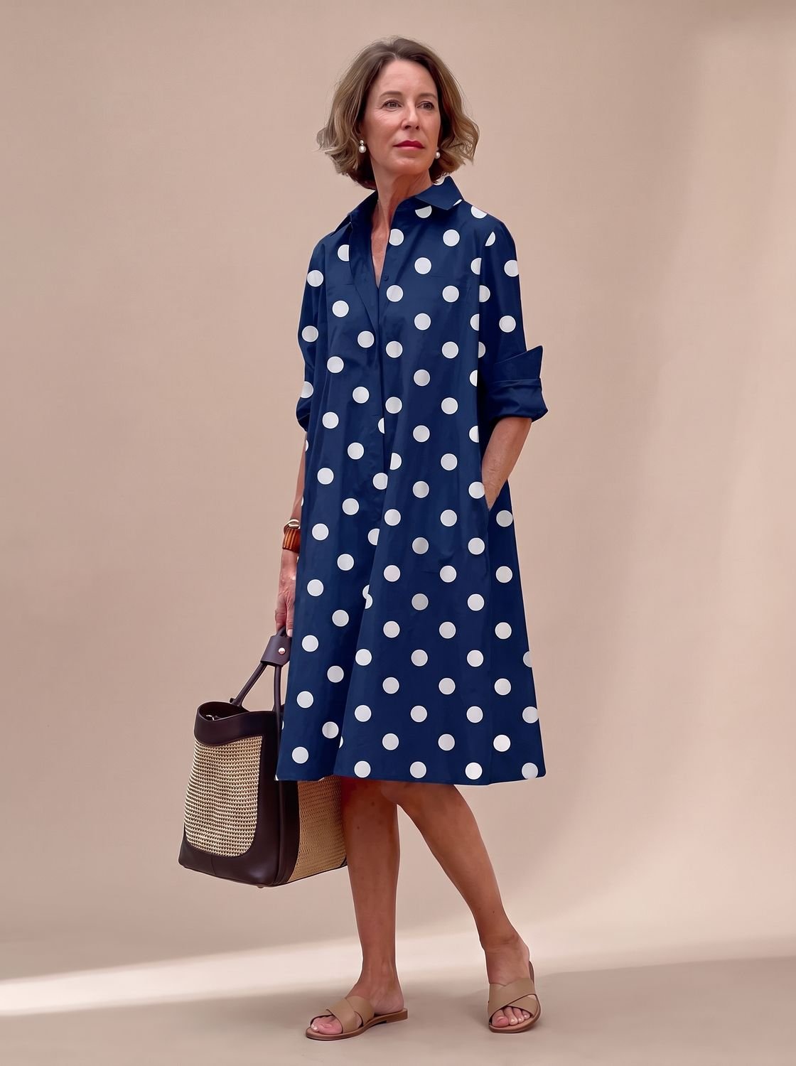 Women's Relaxed-Fit Long-Sleeve Collared Shirt Midi Dress Pockets - Blue