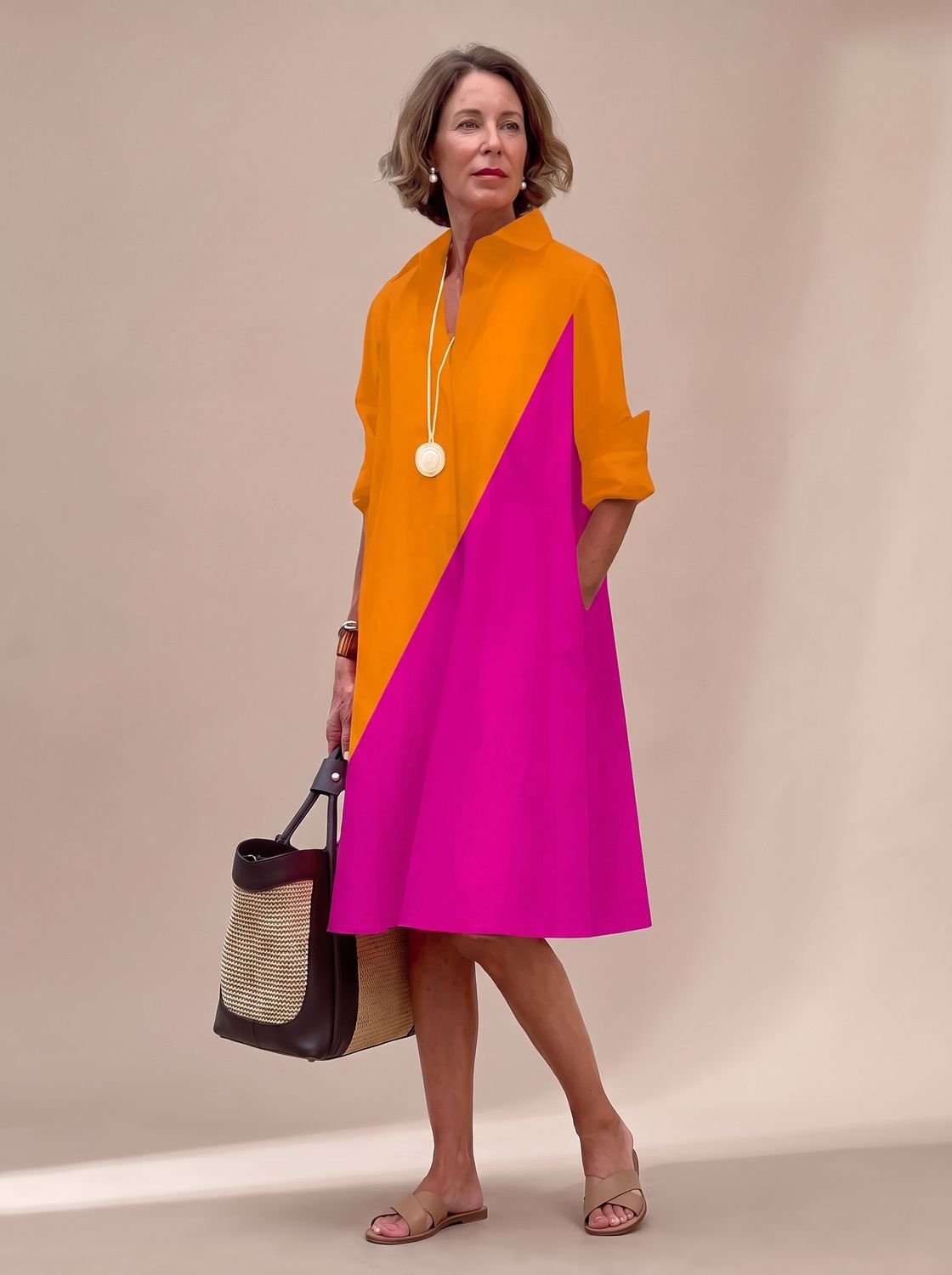 Women's Relaxed-Fit Long-Sleeve Collared Shirt Midi Dress Pockets