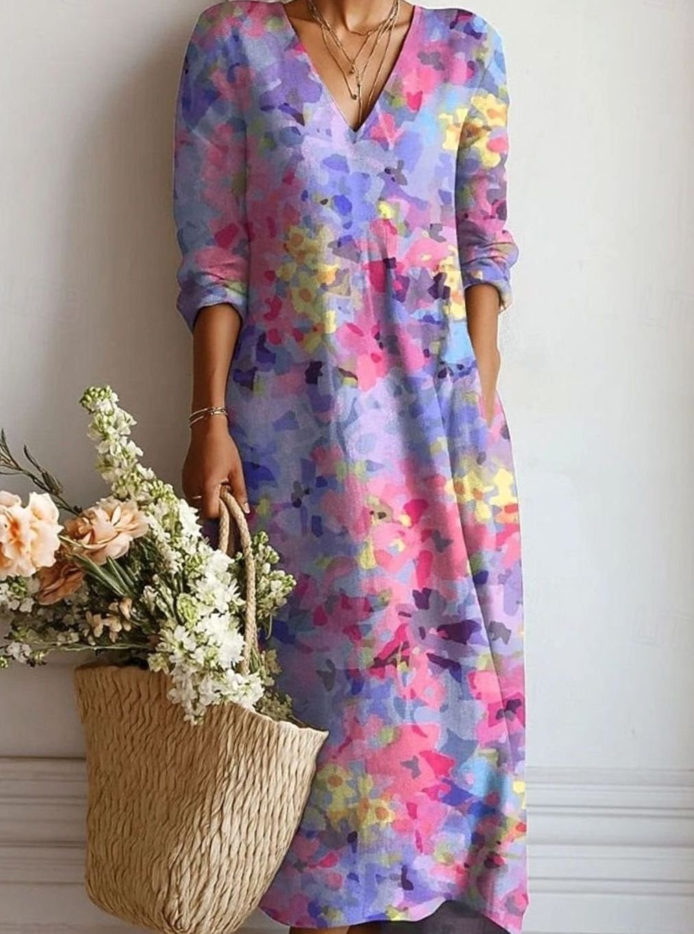Women's Relaxed-Fit Long Sleeve Multicolour Day Dress - Purple