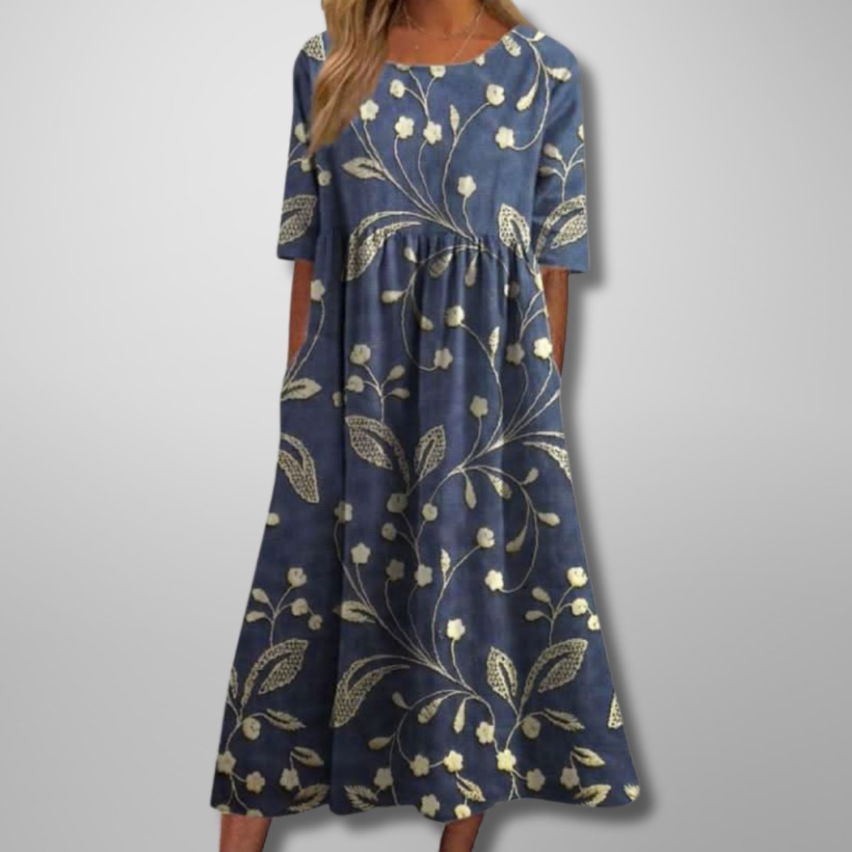 Women's Relaxed Fit Midi Floral Dress Half-Sleeve Swing - Navy Blue (Almost sold out)